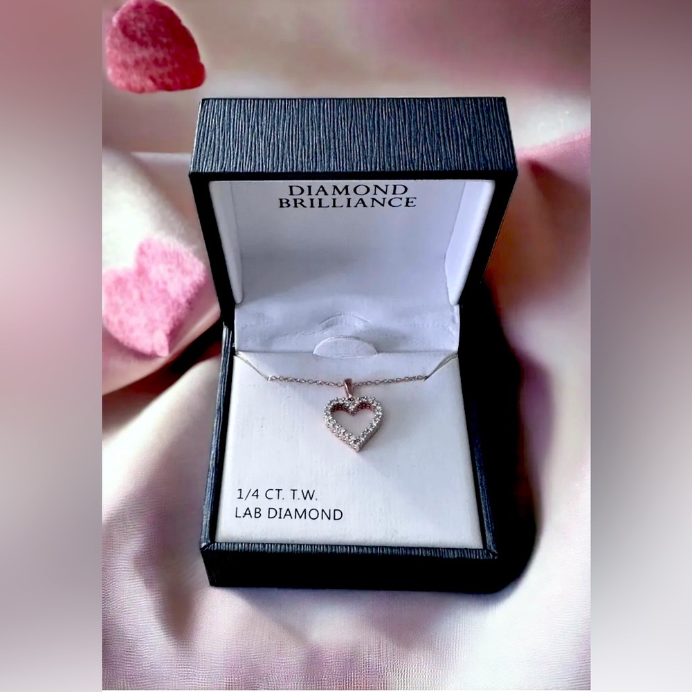 NWT 14K Rose Gold SS Diamond Heart Pendant Necklace 1/4ct TW Lab Created
